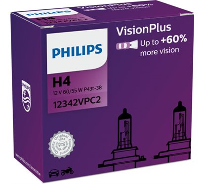 Bec H4 12V/60/55W +60% Philips Visionplus P43T-38 2 buc.