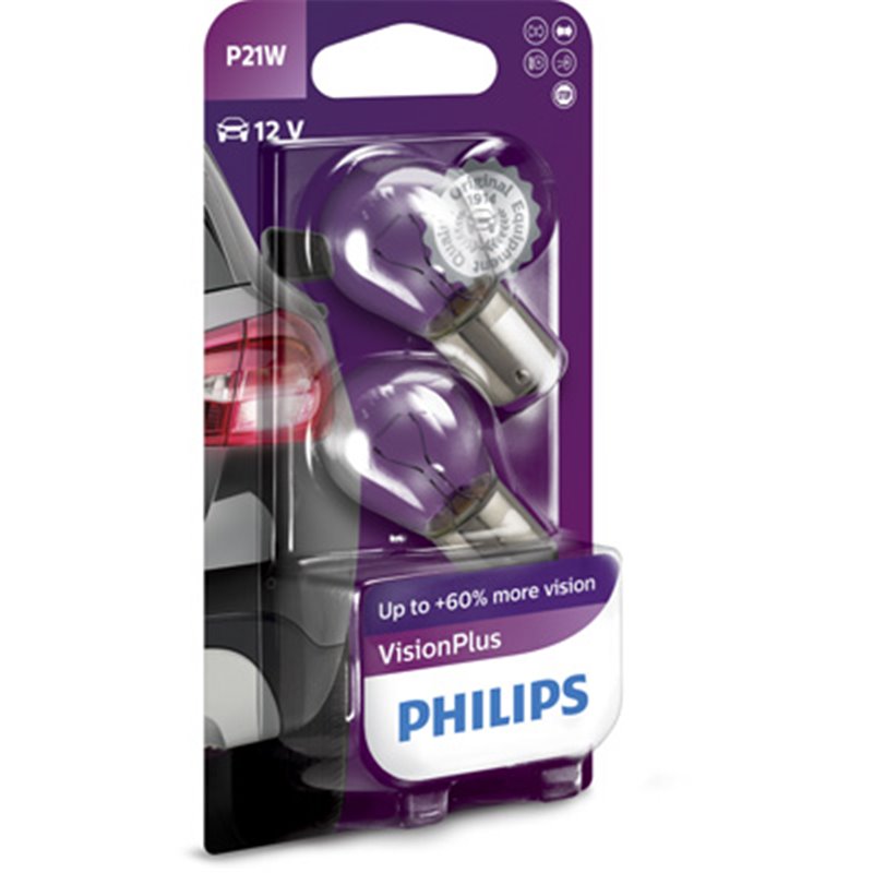 Bec P21W 12V/21W +60% (Stop/Semnal De Intoarcere) 2 buc. Philips Visionplus BA15SCu Un Singur Filament