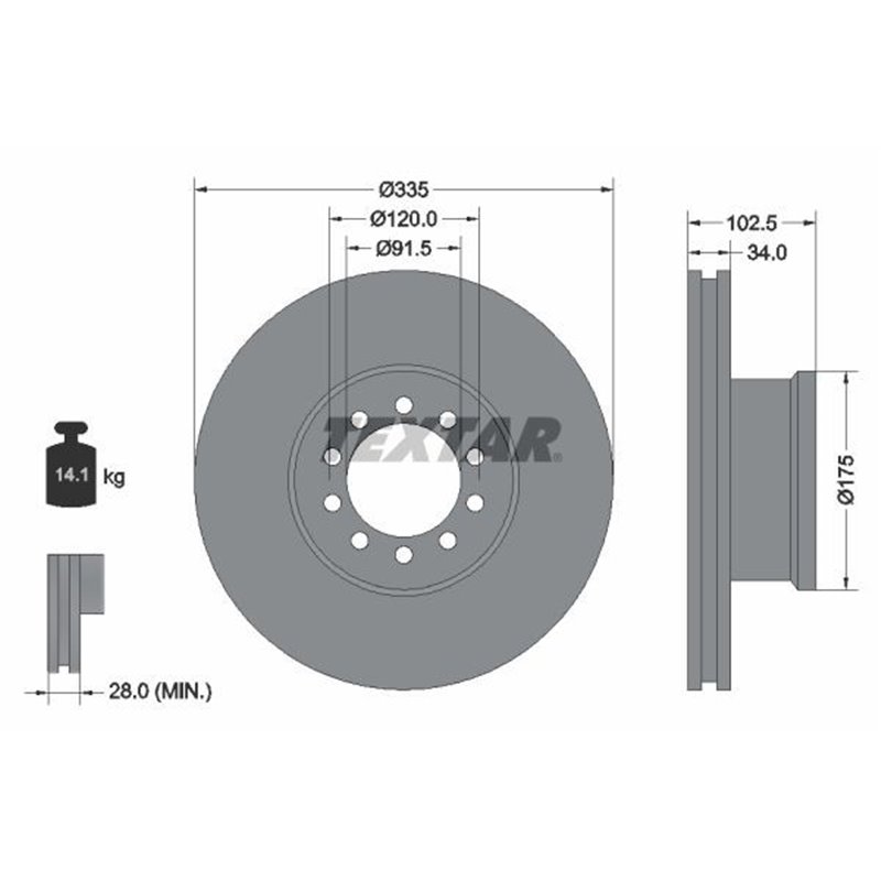 Disc Frana 335x34mm, 10/10x120, ventilat interior - TEXTAR 93101300 