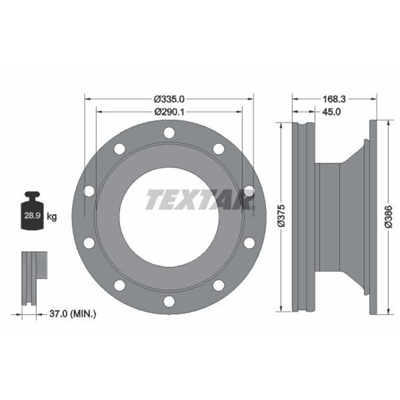 Disc Frana 375x45mm, 10/10x335, ventilat interior - TEXTAR 93308800 