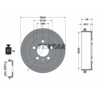 Tambur frana fara butuc roata, fara rulment roata, fara suruburi de fixare roata, 240mm - TEXTAR 94023800 