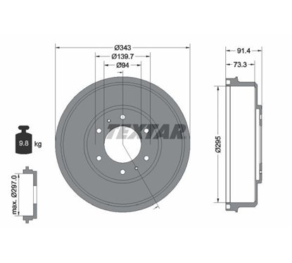 Tambur frana fara butuc roata, fara rulment roata, fara suruburi de fixare roata, 343mm - TEXTAR 94035300 