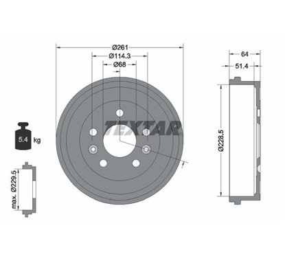 Tambur frana fara butuc roata, fara rulment roata, fara suruburi de fixare roata, 261mm - TEXTAR 94045500 