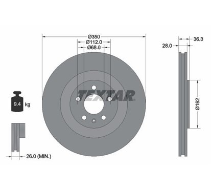 Disc Frana 350x28mm, 05/06x112, ventilat interior, acoperit (cu un strat protector), continut ridicat de carbon - TEXTAR PRO+ 92