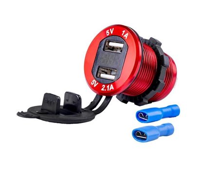 Priza cu 2 USB, cu voltmetru, 12-24V,  2.1+1.0A, incastrabila, rosie, Mod6 02861 Amio