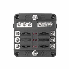 Cutie sigurante plate cu 6 circuite CC, linie conexiune negativa, indicator LED si capac protectie, 12-24V, 03038 Amio
