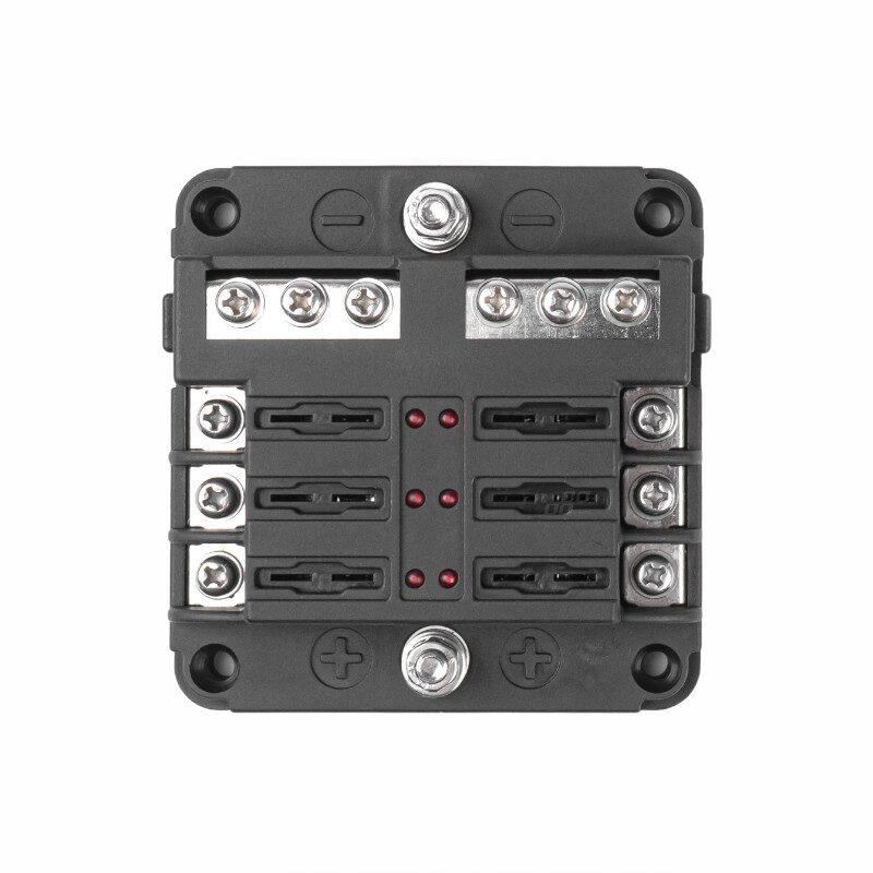 Cutie sigurante plate cu 6 circuite CC, linie conexiune negativa, indicator LED si capac protectie, 12-24V, 03038 Amio Cutie sigurante plate cu 6 circuite CC, linie conexiune negativa, indicator LED si capac protectie, 12-24V, 03038 Amio