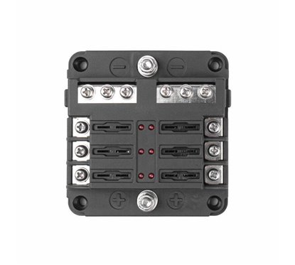 Cutie sigurante plate cu 6 circuite CC, linie conexiune negativa, indicator LED si capac protectie, 12-24V, 03038 Amio
