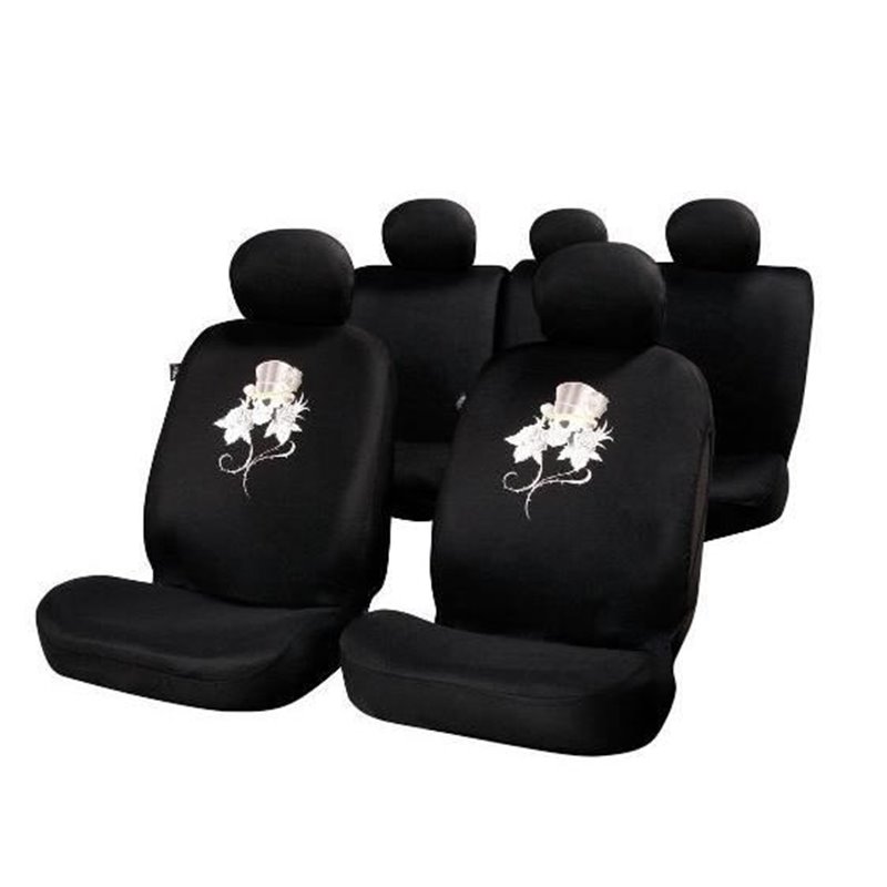 Set 11 bucati huse auto poliester cu airbag negre Rose & Skull FUN885F Sumex Set 11 bucati huse auto poliester cu airbag negre Rose & Skull FUN885F Sumex