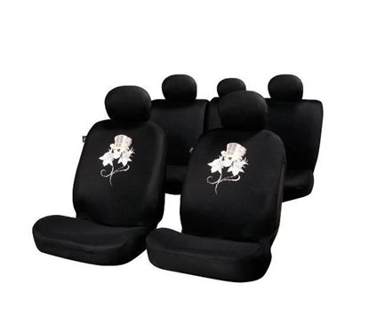 Set 11 bucati huse auto poliester cu airbag negre Rose & Skull FUN885F Sumex 