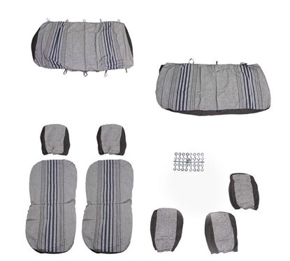 Set huse auto, stofa, Dacia Logan, 5 locuri, 2 cu 3, negru cu dungi albastre, DLZ50, Dealiz 