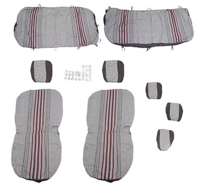 Set huse auto, stofa, Dacia Logan, 5 locuri, 2 cu 3, negru cu dungi rosii, Dealiz 