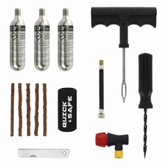 Kit reparatie cauciuc, cu snur si capsule CO2, pentru moto, atv, scooter, cu adaptor valva Presta si Schrader, Quick&Safe RP1201