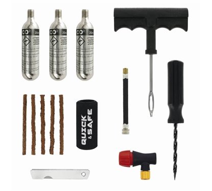 Kit reparatie cauciuc, cu snur si capsule CO2, pentru moto, atv, scooter, cu adaptor valva Presta si Schrader, Quick&Safe RP1201