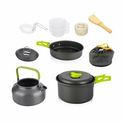 Set vase gatit camping, outdoor, 11 componente, cu oala, tigaie, ceainic, lingura, polonic, mini boluri, burete, pentru 2 persoa