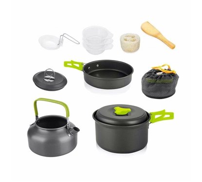 Set vase gatit camping, outdoor, 11 componente, cu oala, tigaie, ceainic, lingura, polonic, mini boluri, burete, pentru 2 persoa