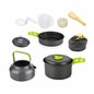Set vase gatit camping, outdoor, 11 componente, cu oala, tigaie, ceainic, lingura, polonic, mini boluri, burete, pentru 2 persoa Set vase gatit camping, outdoor, 11 componente, cu oala, tigaie, ceainic, lingura, polonic, mini boluri, burete, pentru 2 persoa