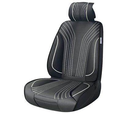 Husa scaun imitatie piele, neagra cu cusatura alba, cu buzunare fata-spate, Premium Prestige, SCA010W SwissDrive