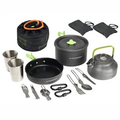 Set vase gatit camping, outdoor, 15 componente, cu oala, tigaie, ceainic, tacamuri, pahare, carabine, pentru 2 persoane 83006 Ca