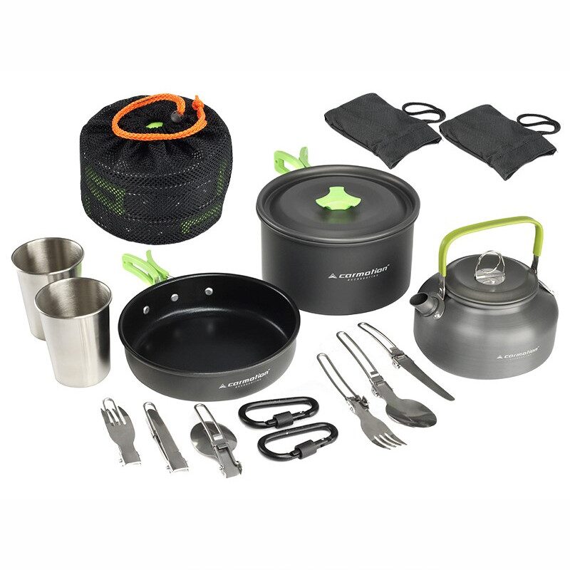 Set vase gatit camping, outdoor, 15 componente, cu oala, tigaie, ceainic, tacamuri, pahare, carabine, pentru 2 persoane 83006 Ca
