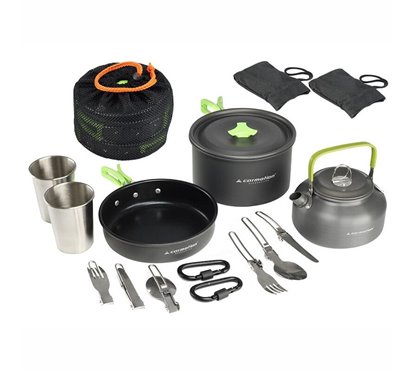 Set vase gatit camping, outdoor, 15 componente, cu oala, tigaie, ceainic, tacamuri, pahare, carabine, pentru 2 persoane 83006 Ca