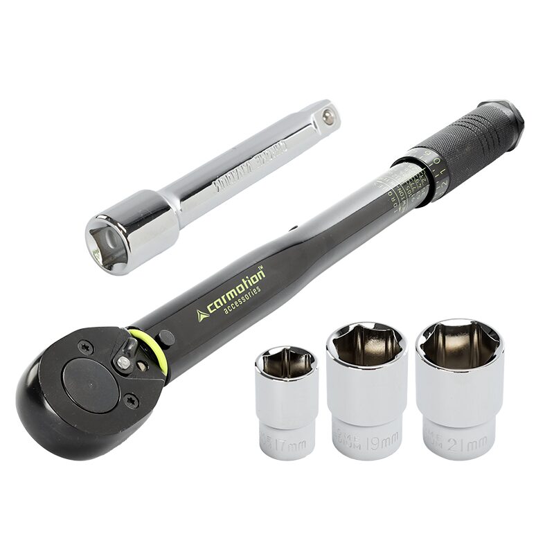 Cheie dinamometrica cu clichet 1/2", 28-210NM, cu prelungitor 125mm si 3 tubulare 17-19-21, 63395 Carmotion