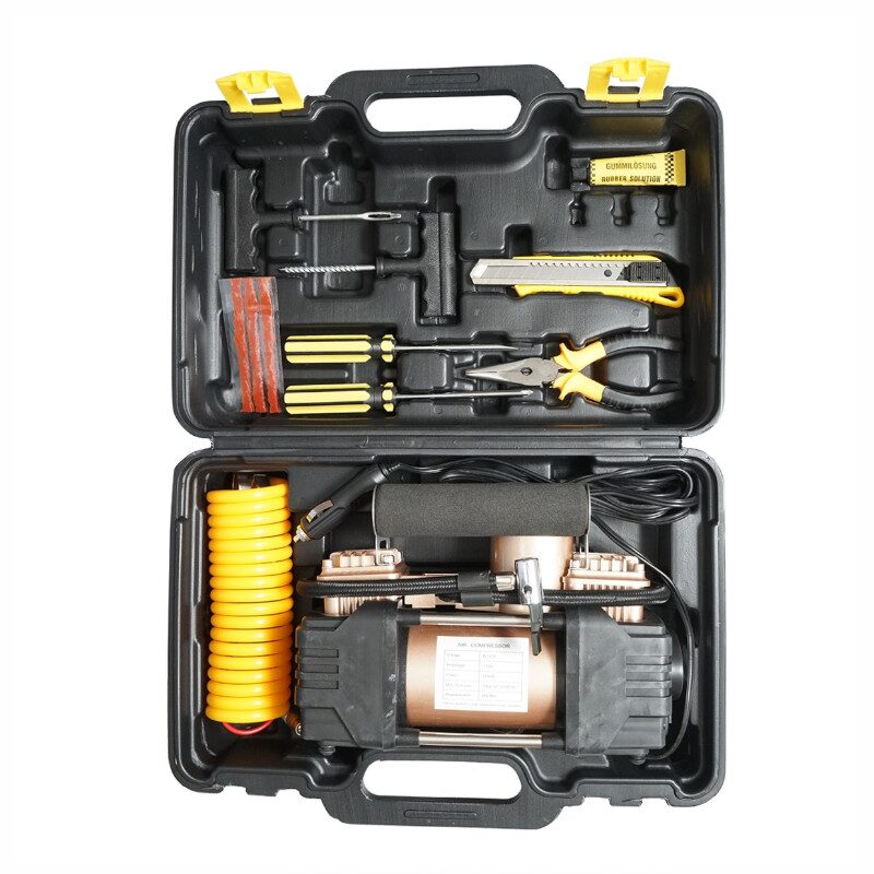 Trusa compresor auto, 2 cilindrii, cu 7 accesorii, 12V, 10bar, 45l/min, cu lanterna, BK79239 