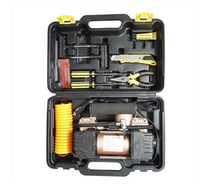 Trusa compresor auto, 2 cilindrii, cu 7 accesorii, 12V, 10bar, 45l/min, cu lanterna, BK79239 