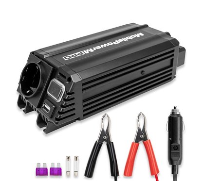 Invertor 12V la 220V, 300W, USB, cu stecher si clesti baterie, 511.92 Heyner 