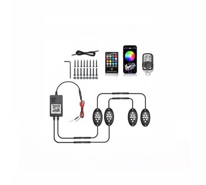 Set 4 lumini ambientale, LED, sub masina, 12V, multimod si multicolor, 3 moduri de a controla luminile, Smart Led Rock Light, HH