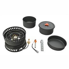 Set vase gatit camping, outdoor, 9 componente, cu oala, tigaie, arzator, maner, aprinzator, pentru 2 persoane, 13610 Cattara