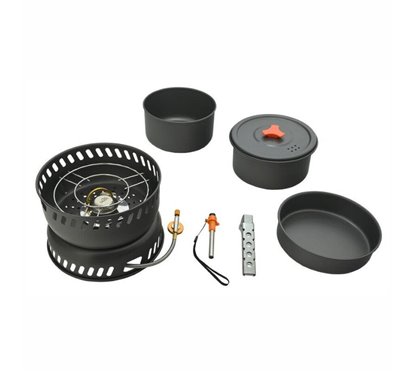 Set vase gatit camping, outdoor, 9 componente, cu oala, tigaie, arzator, maner, aprinzator, pentru 2 persoane, 13610 Cattara