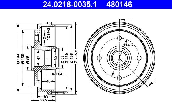 ATE 24.0218-0035.1 - Tambur frana aaoparts.ro