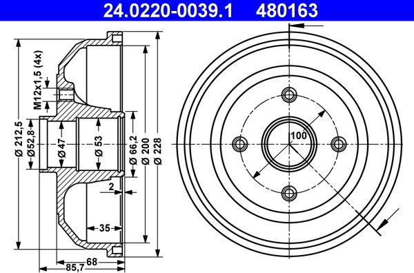 ATE 24.0220-0039.1 - Tambur frana aaoparts.ro