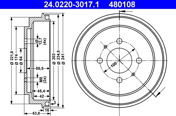 ATE 24.0220-3017.1 - Tambur frana aaoparts.ro