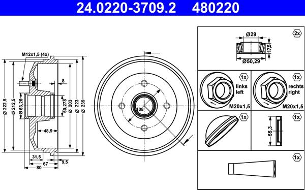 ATE 24.0220-3709.2 - Tambur frana aaoparts.ro