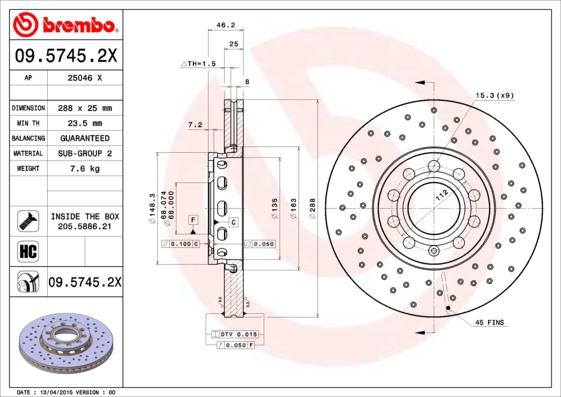 Brembo 09.5745.2X - Disc frana aaoparts.ro