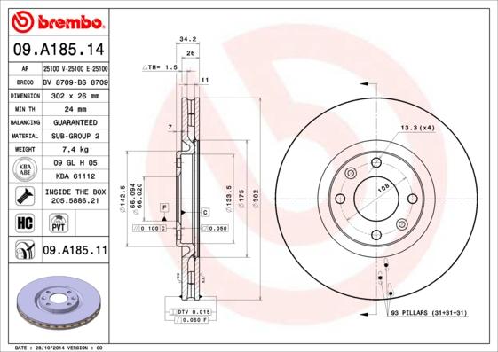 Brembo 09.A185.11 - Disc frana aaoparts.ro