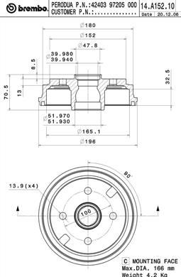 Brembo 14.A152.10 - Tambur frana aaoparts.ro
