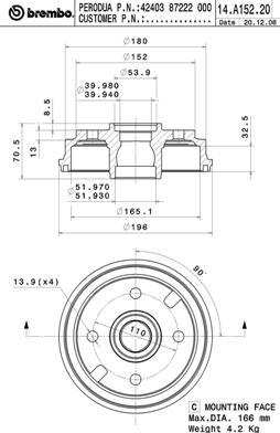 Brembo 14.A152.20 - Tambur frana aaoparts.ro
