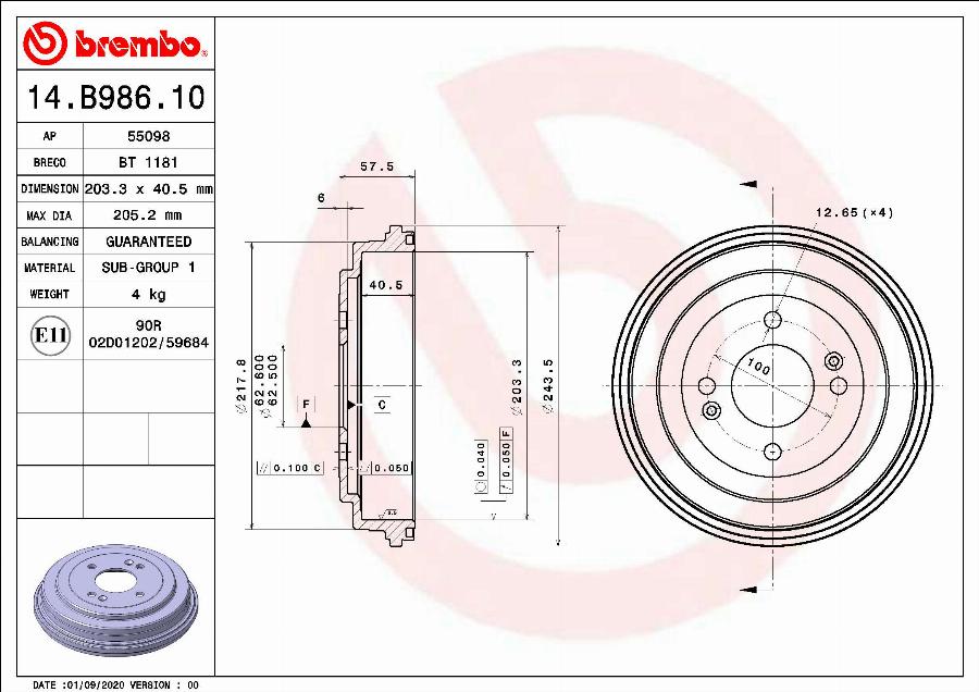 Brembo 14.B986.10 - Tambur frana aaoparts.ro