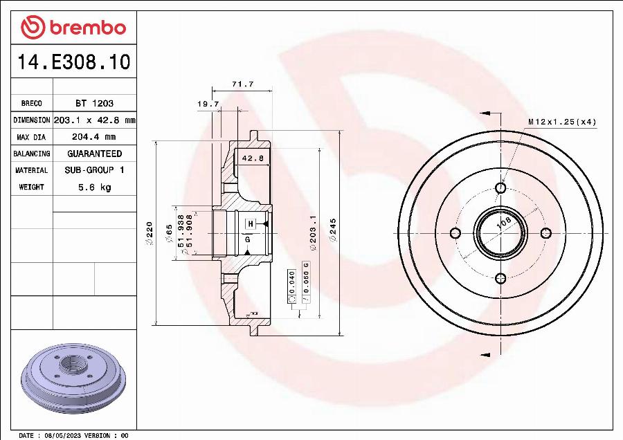 Brembo 14.E308.10 - Tambur frana aaoparts.ro