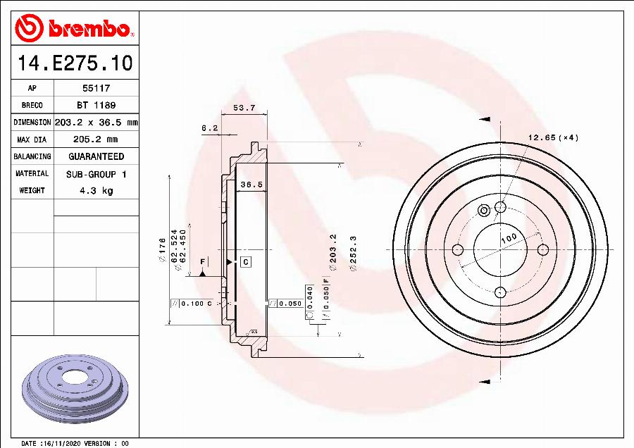 Brembo 14.E275.10 - Tambur frana aaoparts.ro