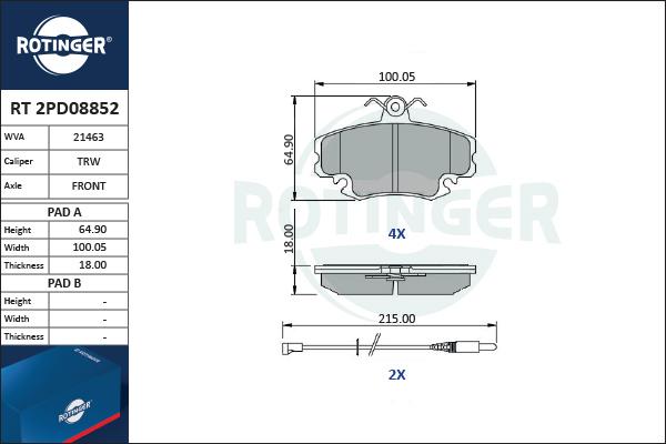 Rotinger RT 2PD08852 - Set placute frana,frana disc aaoparts.ro