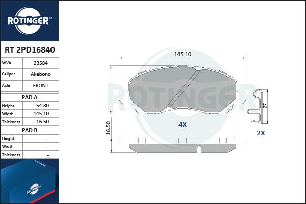 Rotinger RT 2PD16840 - Set placute frana,frana disc aaoparts.ro