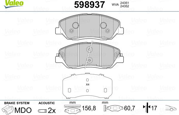 Valeo 598937 - Set placute frana,frana disc aaoparts.ro